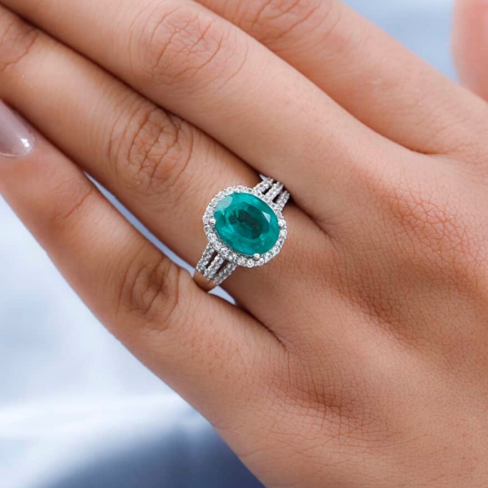 Exquisite Emeraldine Quartz & Moissanite Ring Platinum over Sterling Silver Sz 8 - Picture 9 of 12